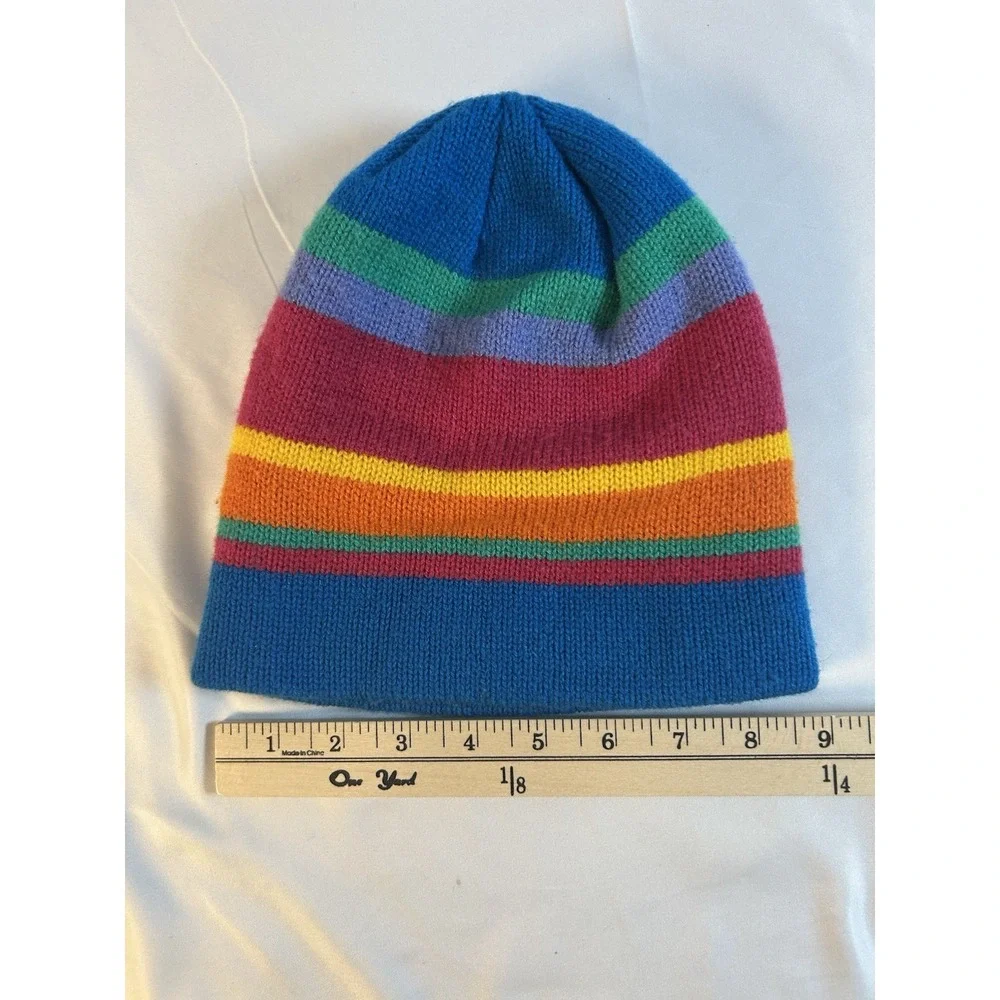 Vintage 80/90's Beanie Multicolor Striped Knit Youth Sz 7/14 Acrylic Wool Retro